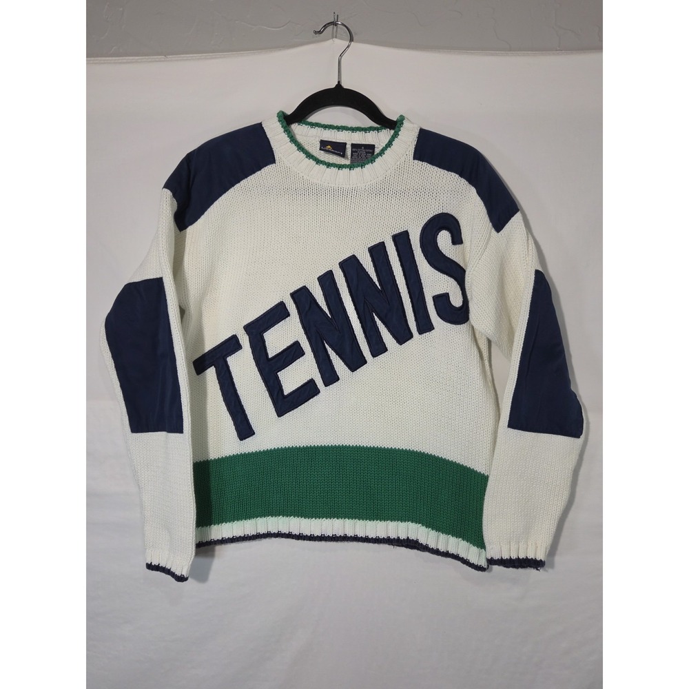 90s VTG Lizsport Knit Tennis Sweater Small Color Block Varsity White Blue Green